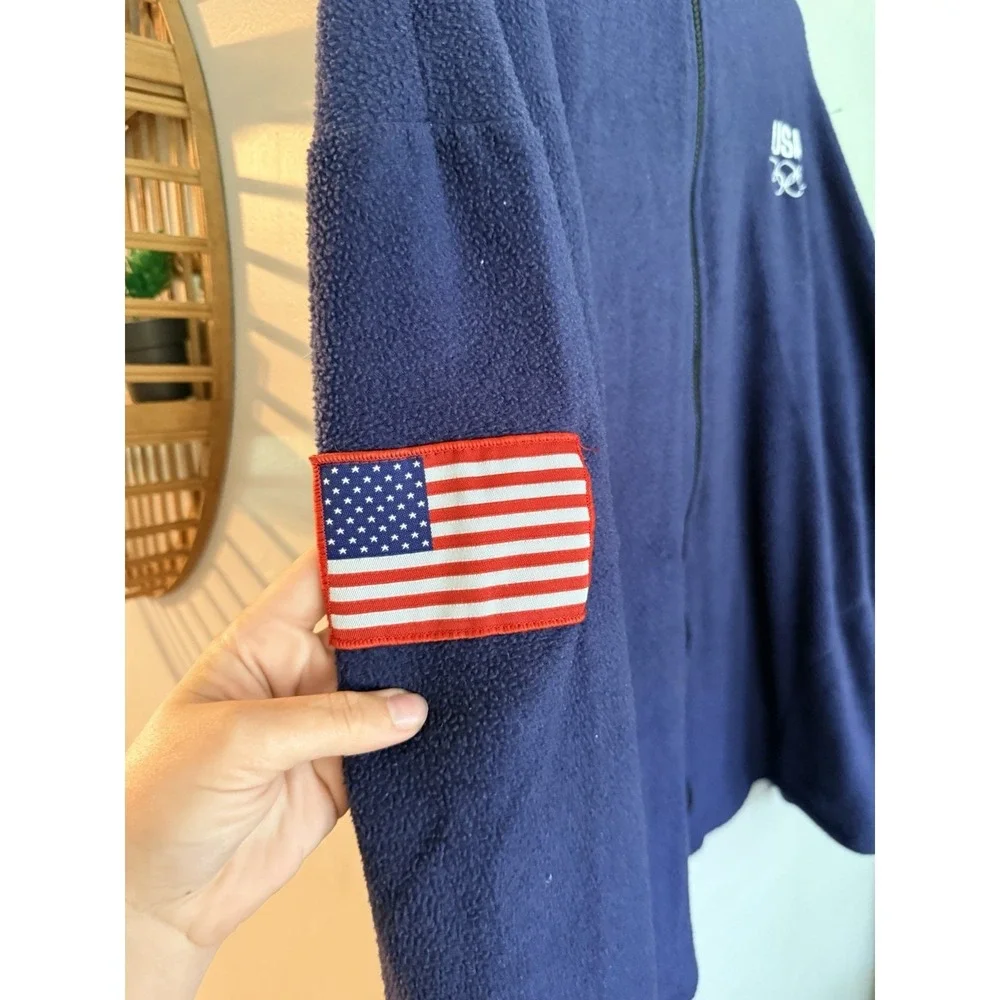 USA Olympics Fleece Jacket Mens Large XL Navy Blue Full Zip USA Made Embroidered